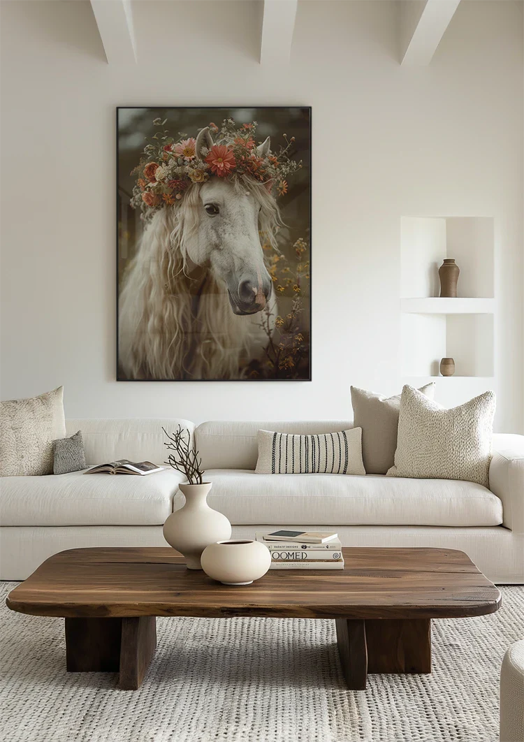 Weißes Pferd mit Blumenkrone Romantisches Porträt Verträumtes Gemälde