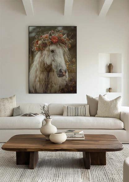 Weißes Pferd mit Blumenkrone Romantisches Porträt Verträumtes Gemälde