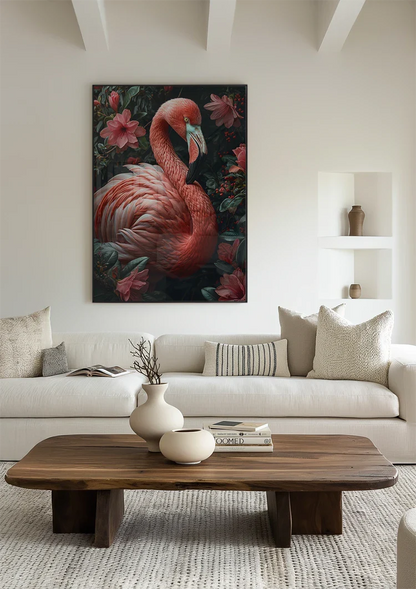 Rosa Flamingo umgeben von tropischen Blumen und Blättern Gemälde