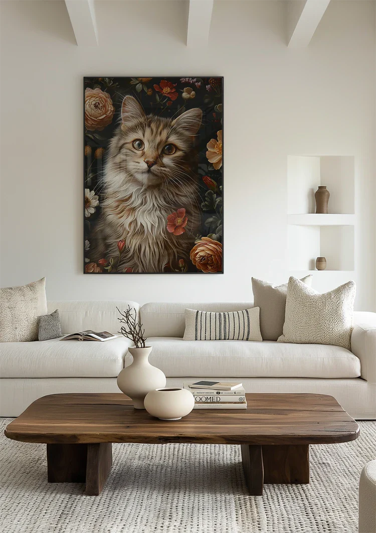 Flauschige Katze zwischen farbenfrohen Rosen Blumenreiches Porträt Gemälde