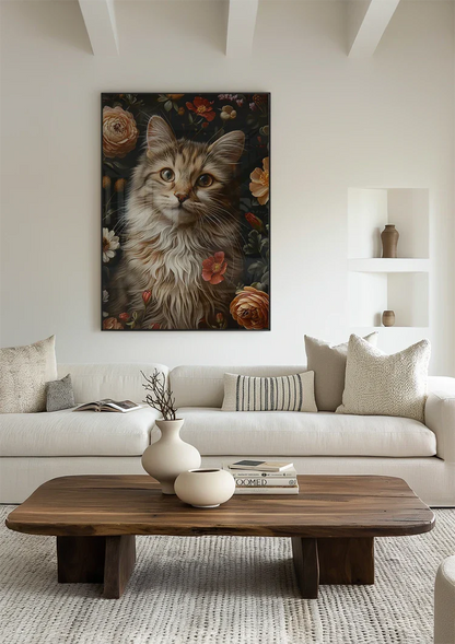 Flauschige Katze zwischen farbenfrohen Rosen Blumenreiches Porträt Gemälde