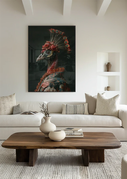 Graceful Bird with Red Flowers Headdress Dark Portrait Painting