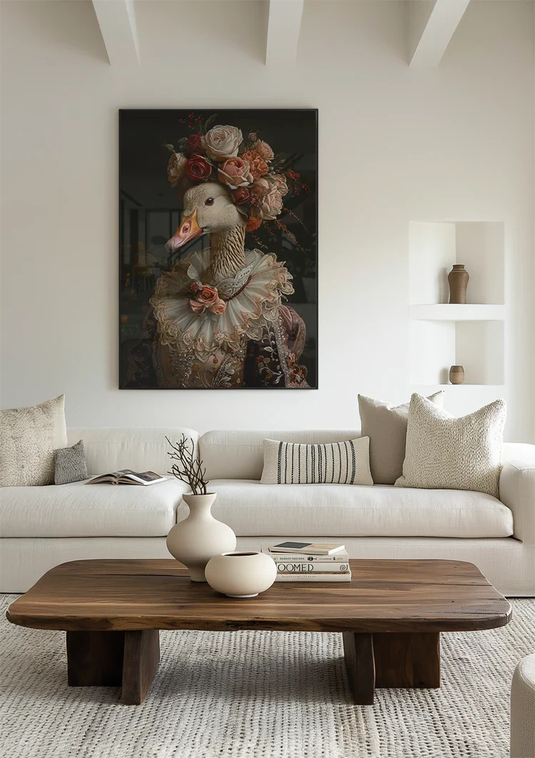 Elegante Gans In Barok Kostuum Bloemen Krans Kanten Kraag Portret Schilderij