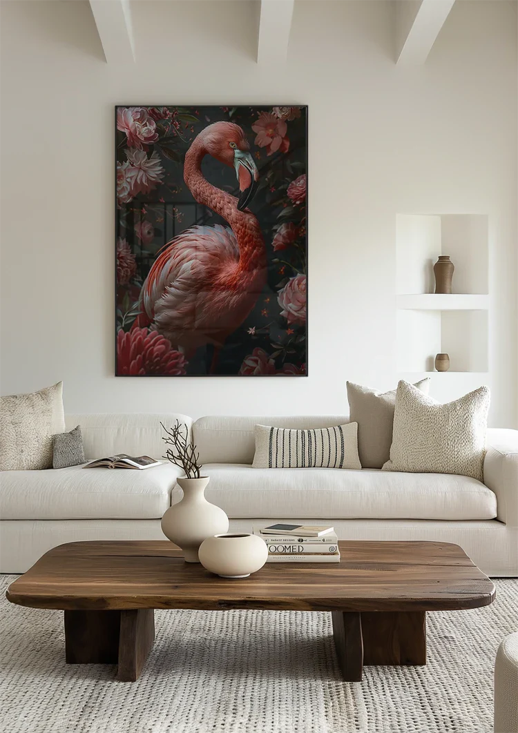 Elegant Flamingo Among Pink Flowers Dark Portrait Painting