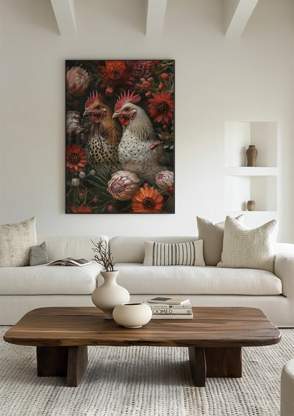 Twee Kippen Tussen Rode Bloemen Botanisch Portret Schilderij