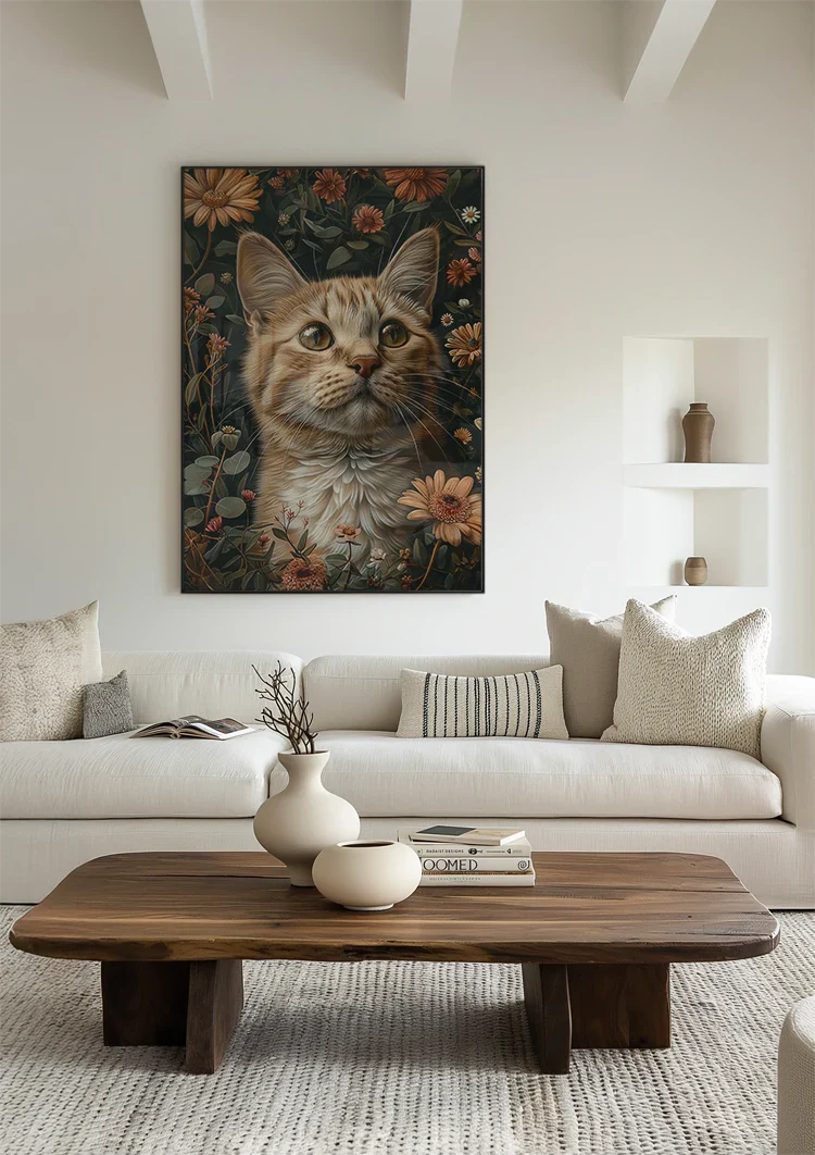 Oranje Kat Met Groene Ogen Tussen Bloemen Donker Portret Schilderij