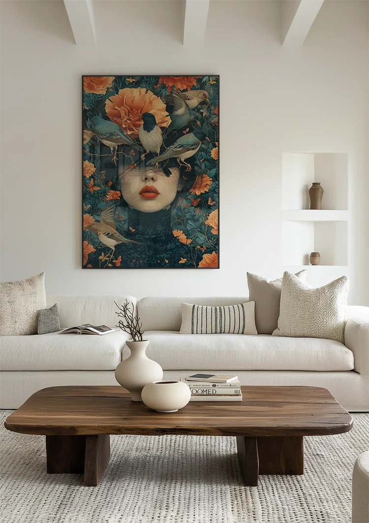 Vrouwenportret Met Oranje Bloemen En Vogels Surrealistisch Schilderij