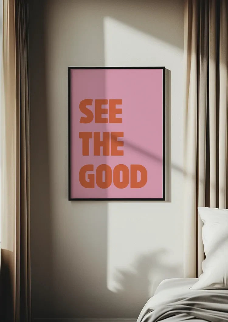 See The Good Oranje Tekst Roze Achtergrond Positief Typografie Pop Art Schilderij