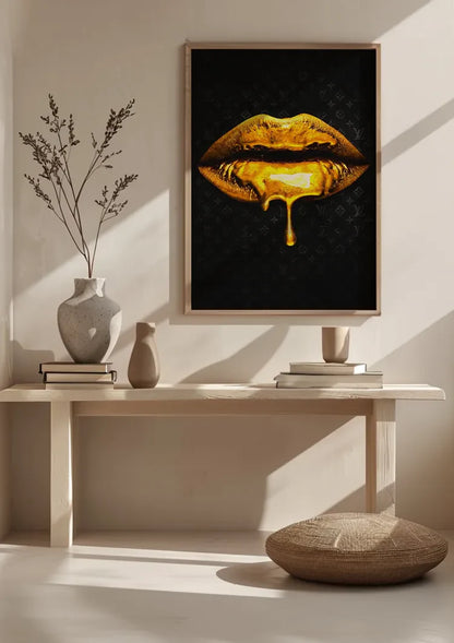 Golden Lips With Dripping Gold Dark Background Painting