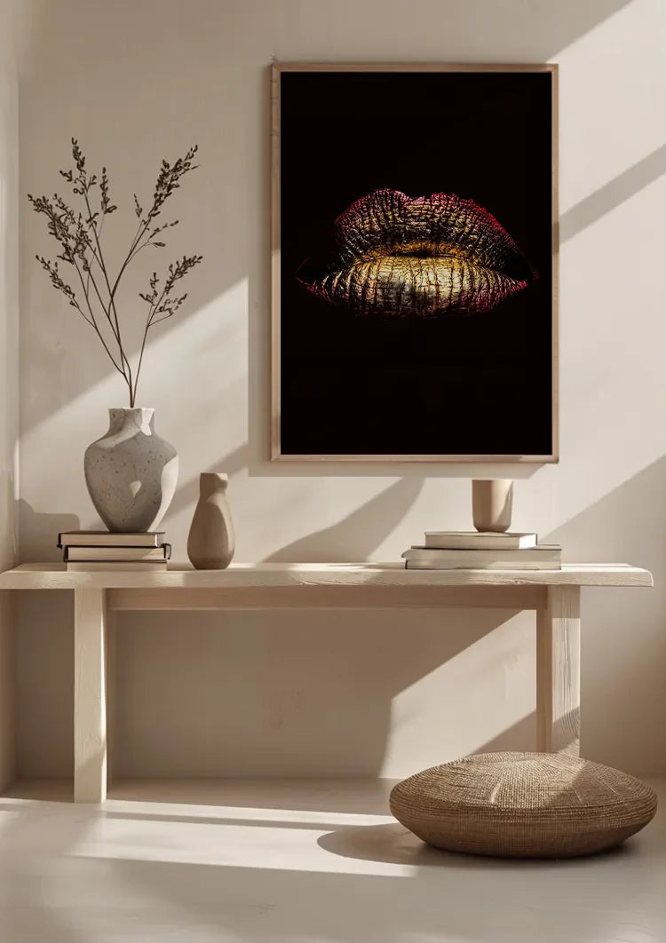 Gouden Lippen Metallic Zwarte Achtergrond Glamour Schilderij