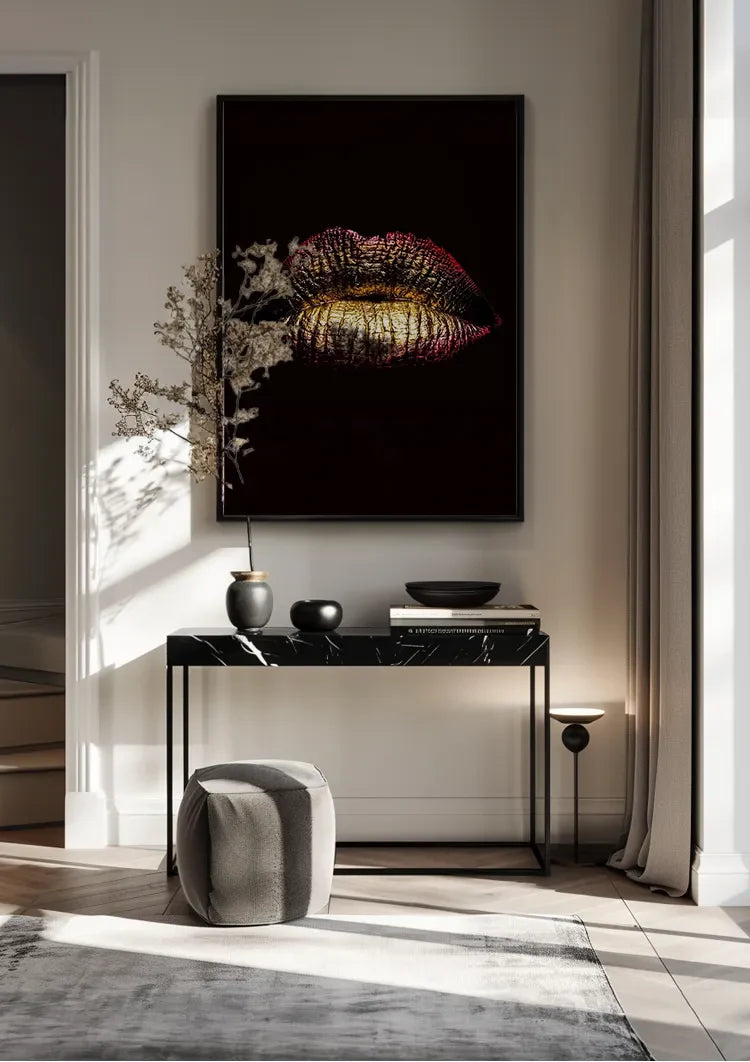 Gouden Lippen Metallic Zwarte Achtergrond Glamour Schilderij