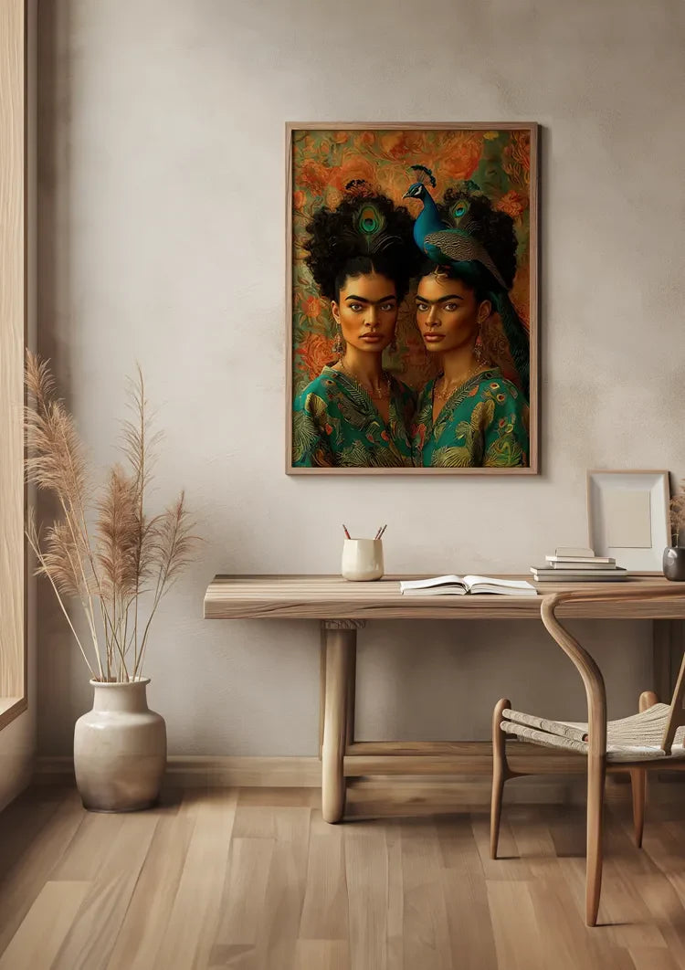 Two Elegant Women with Peacock Exotic Portrait Painting