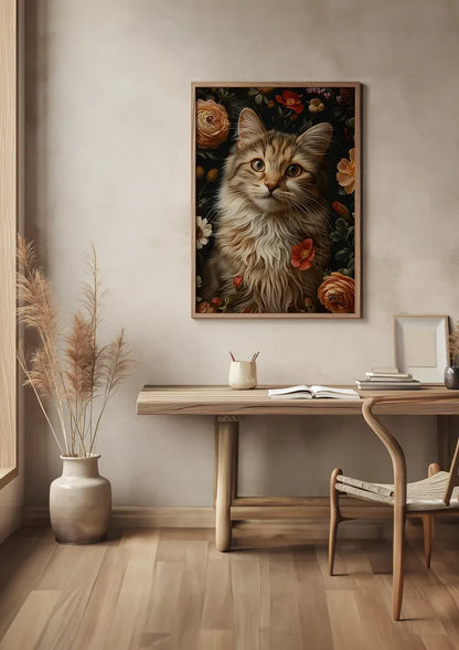 Flauschige Katze zwischen farbenfrohen Rosen Blumenreiches Porträt Gemälde