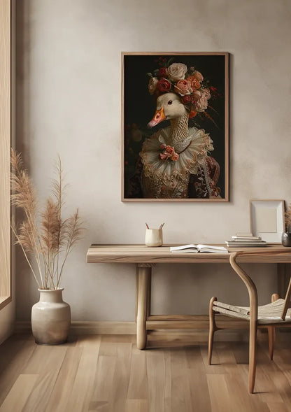 Elegante Gans In Barok Kostuum Bloemen Krans Kanten Kraag Portret Schilderij