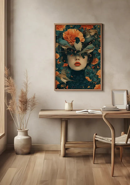 Vrouwenportret Met Oranje Bloemen En Vogels Surrealistisch Schilderij