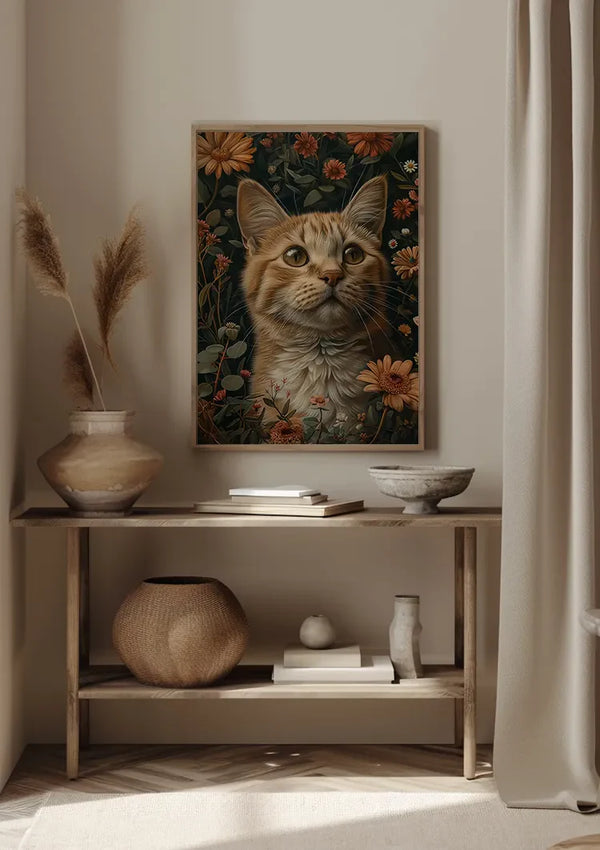 Oranje Kat Met Groene Ogen Tussen Bloemen Donker Portret Schilderij