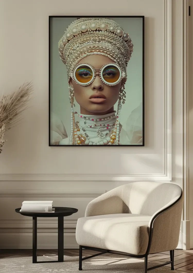 Glamorous Woman With Pearls Sunglasses Extravagant Portrait Painting