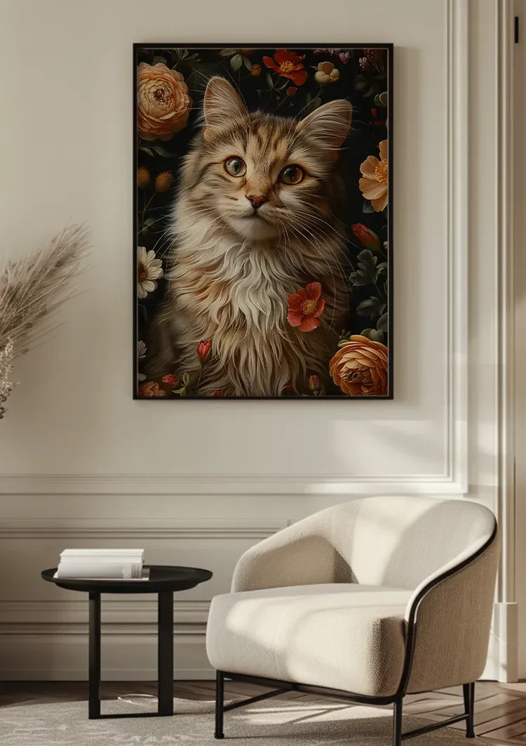 Flauschige Katze zwischen farbenfrohen Rosen Blumenreiches Porträt Gemälde