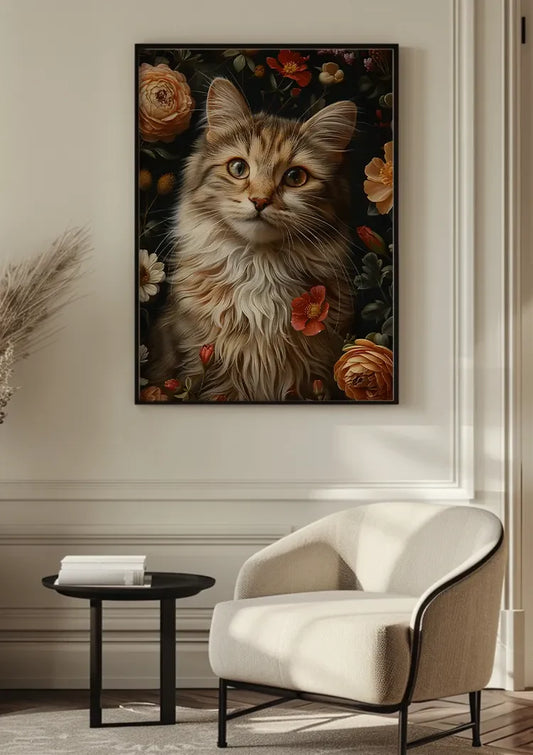 Flauschige Katze zwischen Rosen Leinwandbild an der Wand über der Kommode im Flur
