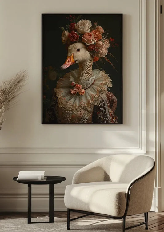 Gans in kostuum canvas schilderij bij de voordeur in de hal