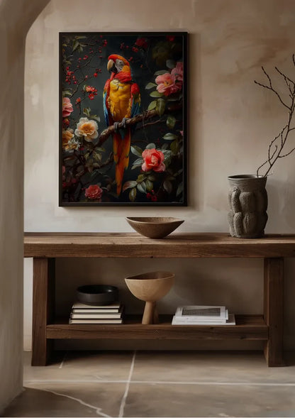 Buntes Papagei Tropische Blumen Dunkler Hintergrund Gemälde