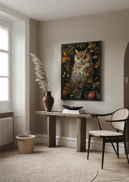 Eule mit orangefarbenen Augen Herbstblätter Beeren Natürliche Atmosphäre Gemälde
