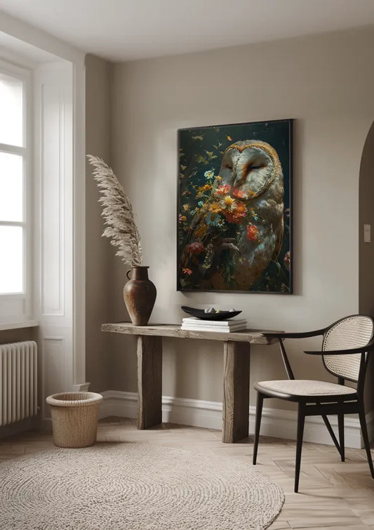 Kerkuil met bloemen canvas schilderij bij de voordeur in de hal