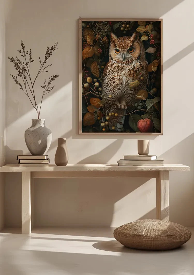 Eule mit orangefarbenen Augen Herbstblätter Beeren Natürliche Atmosphäre Gemälde
