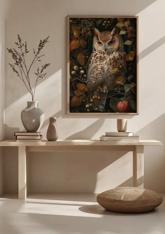 Uil met herfstbladeren canvas schilderij bij de voordeur in de hal