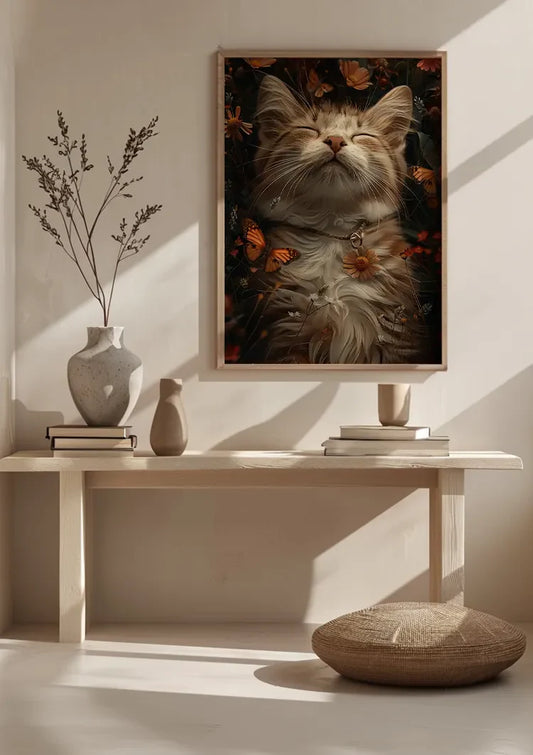 Slapende kat canvas schilderij aan de muur in de ruime hal