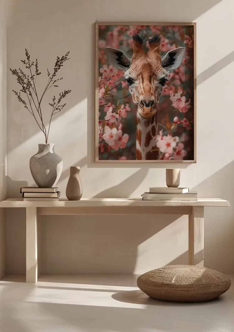 Giraffe Between Pink Cherry Blossoms Portrait Painting