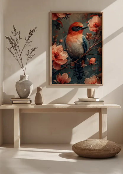 Bunter Vogel auf Ast zwischen rosa Blüten Botanisches Gemälde