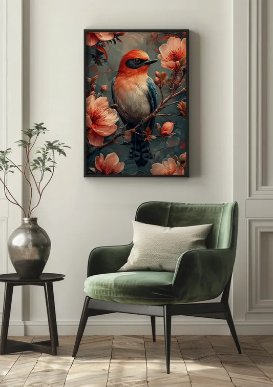 Kleurrijke vogel tussen roze bloesem canvas schilderij aan de muur in de hal