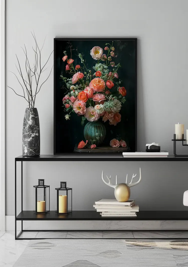Klassisches Blumenstillleben Rosa Rosen Dunkler Hintergrund Gemälde