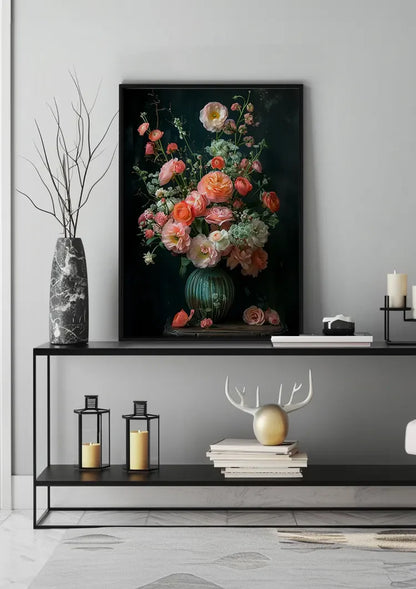 Klassisches Blumenstillleben Rosa Rosen Dunkler Hintergrund Gemälde