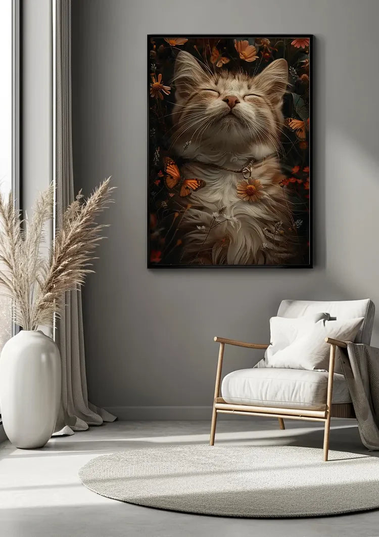 Sleeping Fluffy Cat Surrounded By Flowers Butterflies Painting