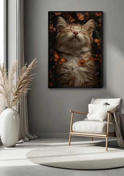 Sleeping Fluffy Cat Surrounded By Flowers Butterflies Painting