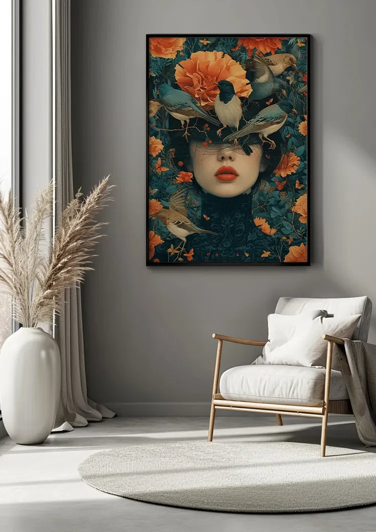 Vrouwenportret Met Oranje Bloemen En Vogels Surrealistisch Schilderij