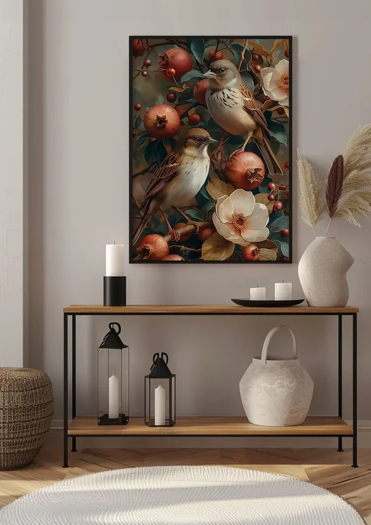 Twee Vogels Met Granaatappels Bloemen Botanisch Schilderij