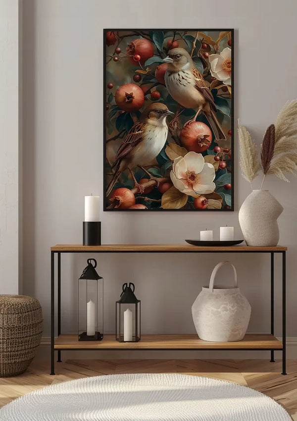 Twee Vogels Met Granaatappels Bloemen Botanisch Schilderij
