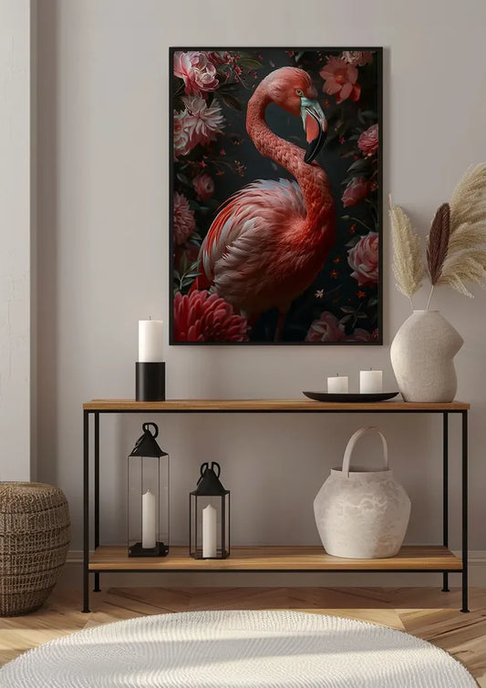 Elegante flamingo tussen roze bloemen canvas schilderij aan de muur in de hal