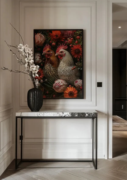 Twee Kippen Tussen Rode Bloemen Botanisch Portret Schilderij