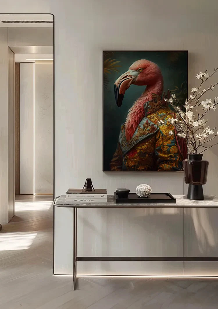 Majestätische Flamingo Goldbestickte Jacke Dunkelgrünes Porträtgemälde
