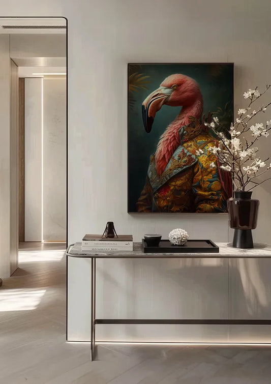 Flamingo in een gouden jas canvas schilderij aan de wand in de hal