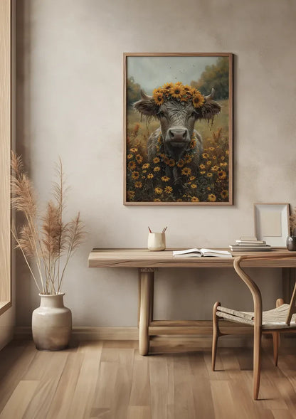 Koe Met Zonnebloemen Krans Gouden Veld Dromerig Schilderij