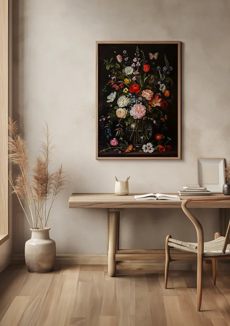 Üppiges Blumenstillleben Glasvase Dunkler Hintergrund Gemälde