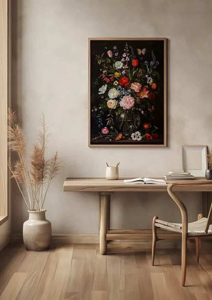 Üppiges Blumenstillleben Glasvase Dunkler Hintergrund Gemälde