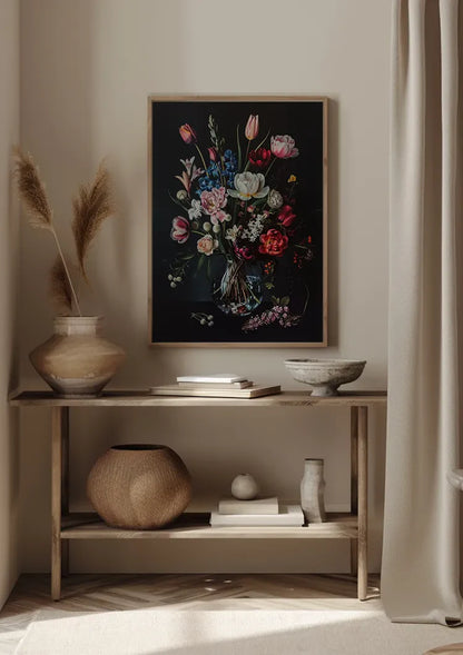 Buntes Blumenstrauß Glasvase Dunkler Hintergrund Gemälde