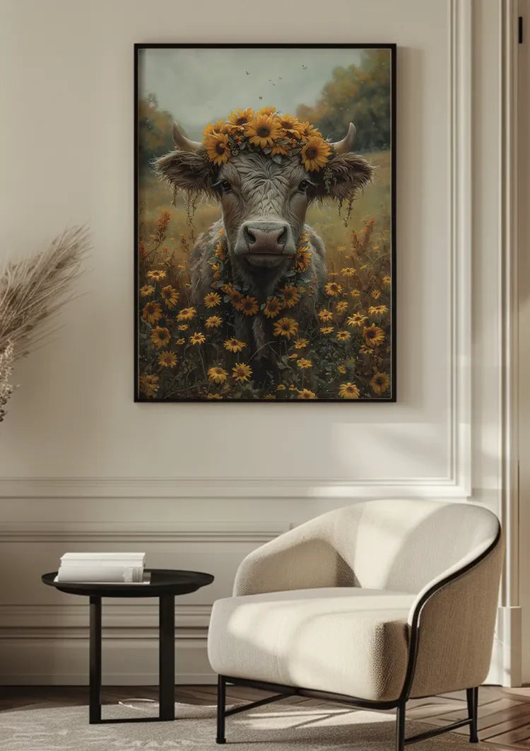 Koe Met Zonnebloemen Krans Gouden Veld Dromerig Schilderij