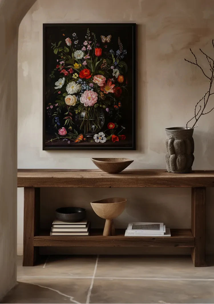 Üppiges Blumenstillleben Glasvase Dunkler Hintergrund Gemälde